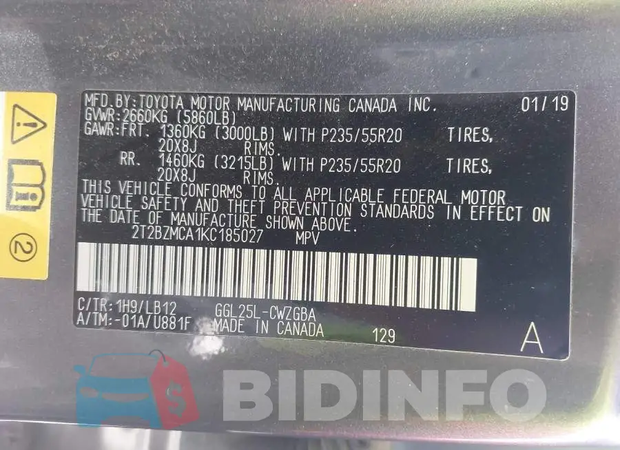 2T2BZMCA1KC185027 Photo# 9