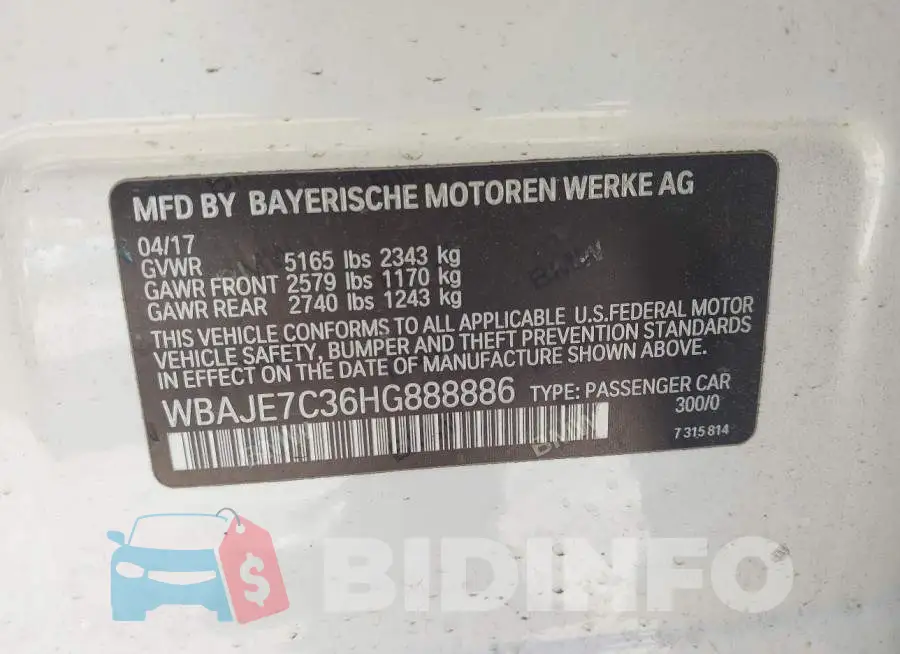 WBAJE7C36HG888886 Photo# 9
