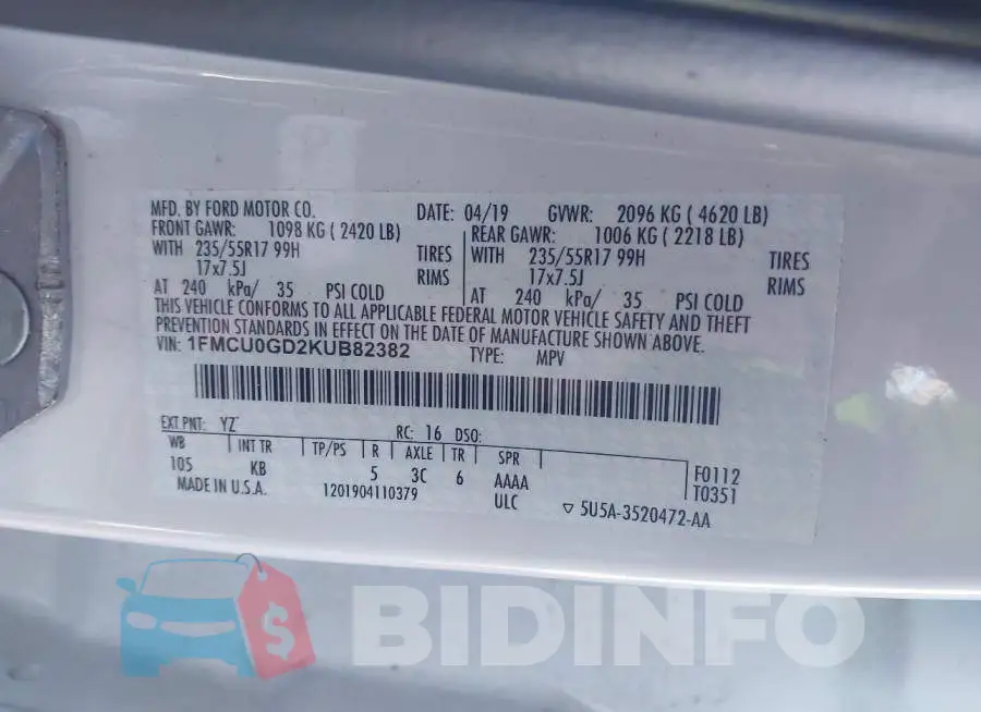 1FMCU0GD2KUB82382 Photo# 9