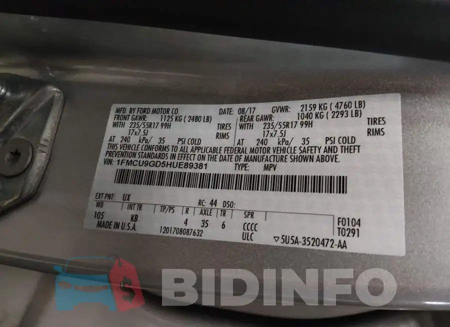 1FMCU9GD5HUE89381 Photo# 9