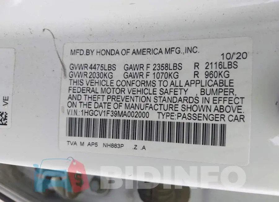 1HGCV1F39MA002000 Photo# 9