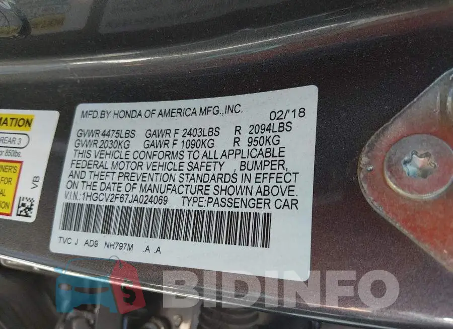 1HGCV2F67JA024069 Photo# 9