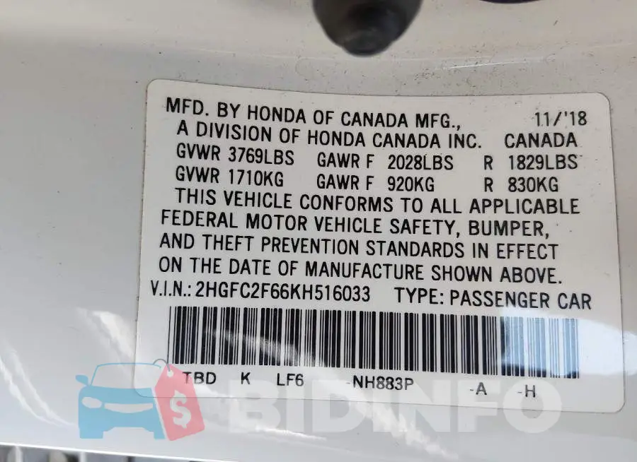 2HGFC2F66KH516033 Photo# 9