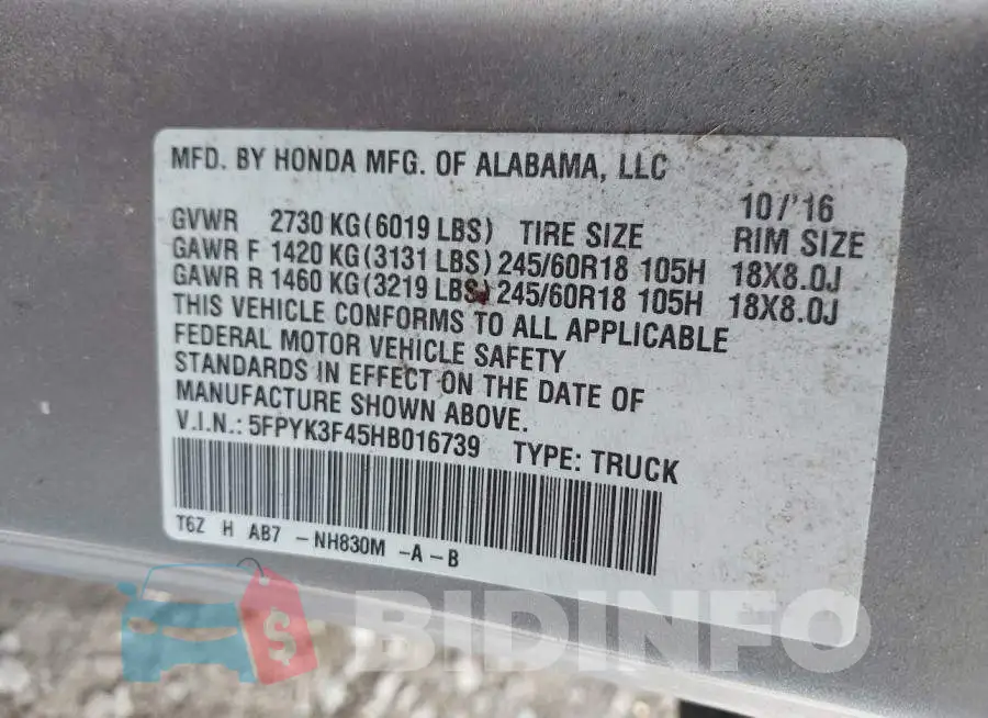 5FPYK3F45HB016739 Photo# 9