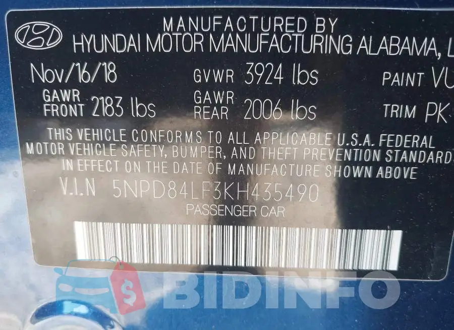 5NPD84LF3KH435490 Photo# 9
