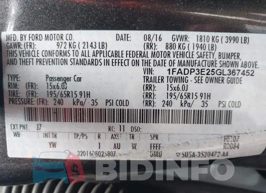 1FADP3E25GL367452 Photo# 9
