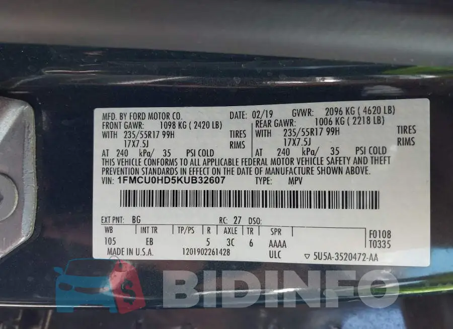 1FMCU0HD5KUB32607 Photo# 9