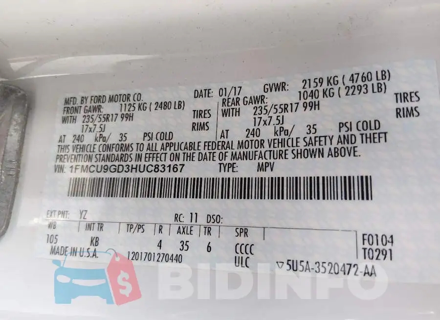 1FMCU9GD3HUC83167 Photo# 9