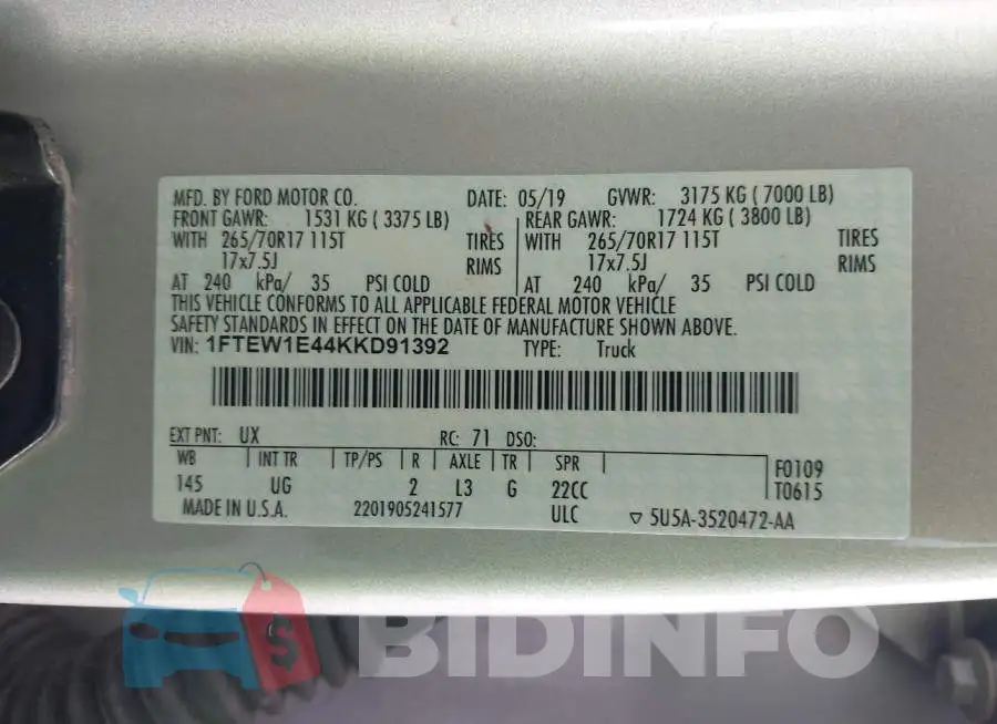 1FTEW1E44KKD91392 Photo# 9