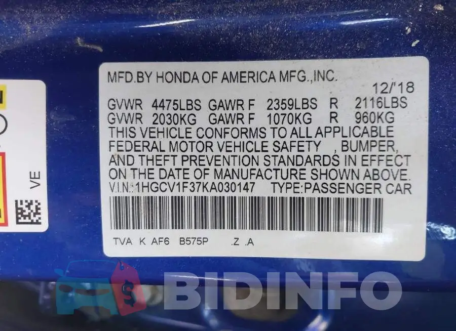 1HGCV1F37KA030147 Photo# 9