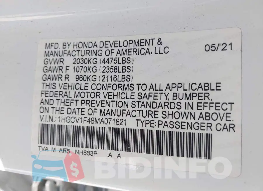 1HGCV1F48MA071821 Photo# 9