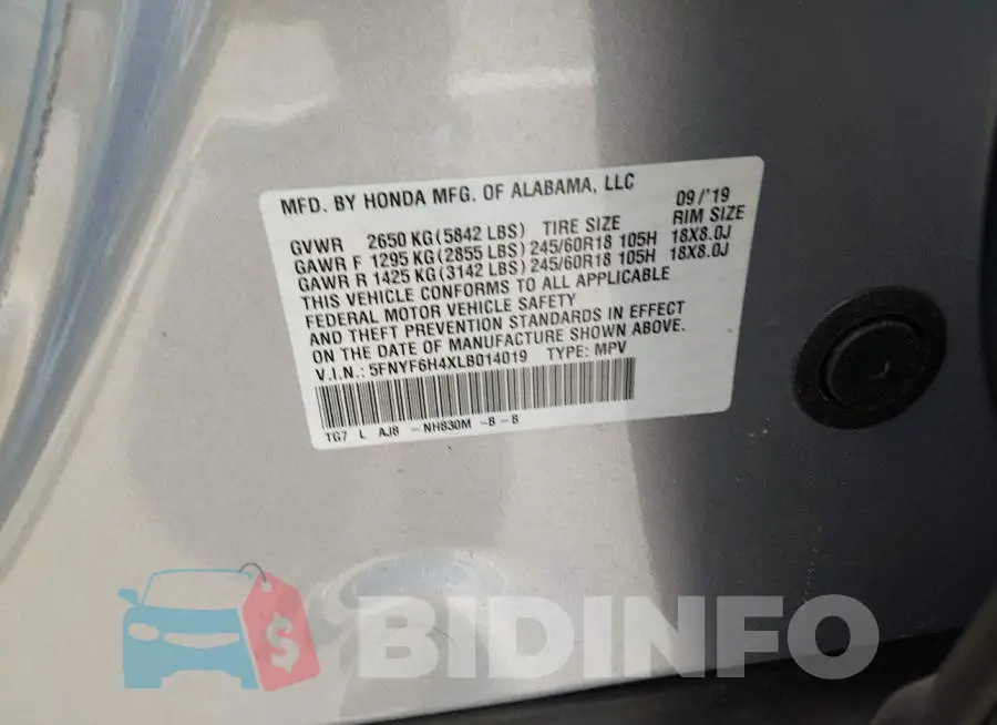 5FNYF6H4XLB014019 Photo# 9