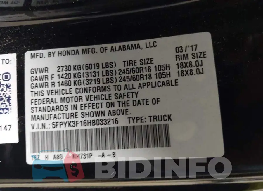 5FPYK3F16HB033216 Photo# 9