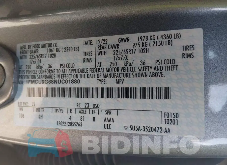1FMCU0G68NUC01880 Photo# 9