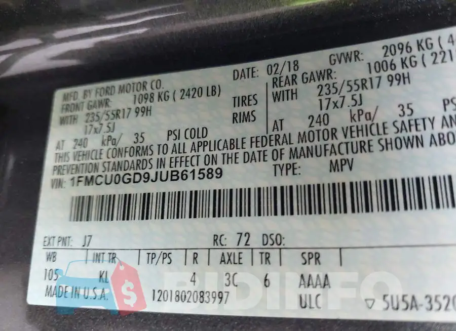 1FMCU0GD9JUB61589 Photo# 9