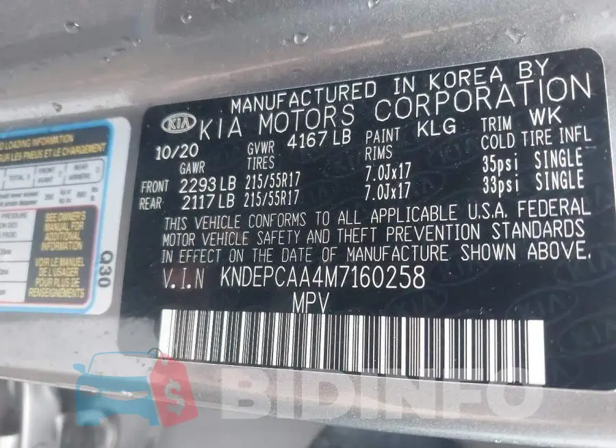 KNDEPCAA4M7160258 Photo# 9