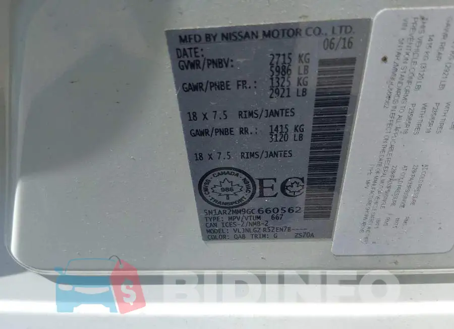 5N1AR2MM9GC660562 Photo# 9