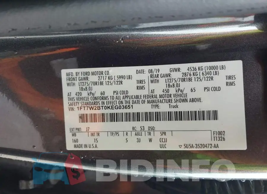 1FT7W2BT0KEG03651 Photo# 9