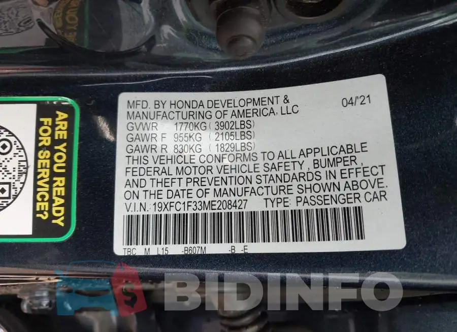 19XFC1F33ME208427 Photo# 9