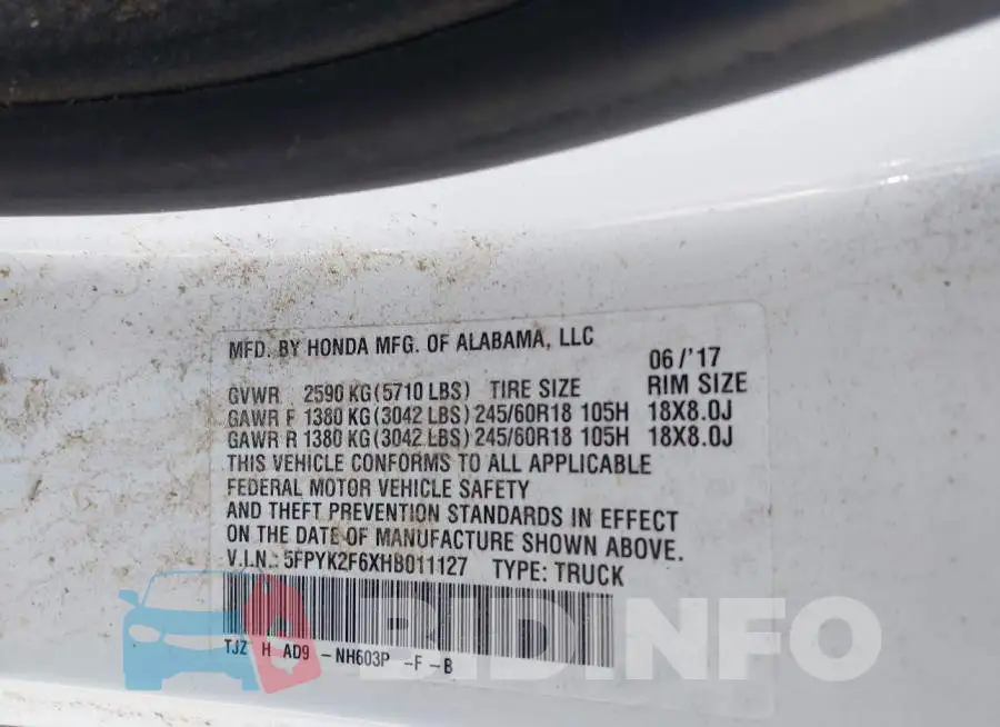5FPYK2F6XHB011127 Photo# 9
