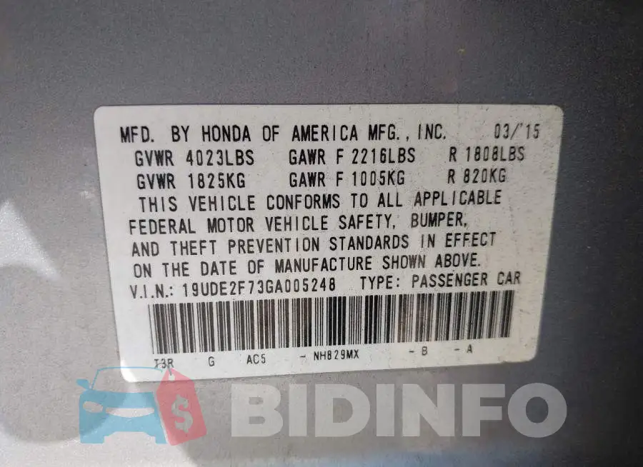 19UDE2F73GA005248 Photo# 9