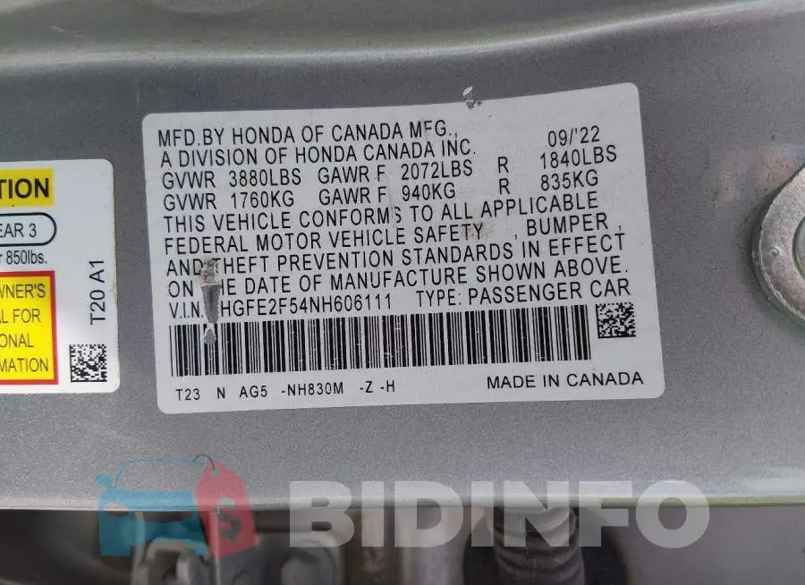 2HGFE2F54NH606111 Photo# 9