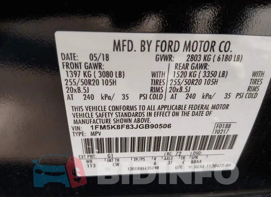 1FM5K8F83JGB90506 Photo# 9