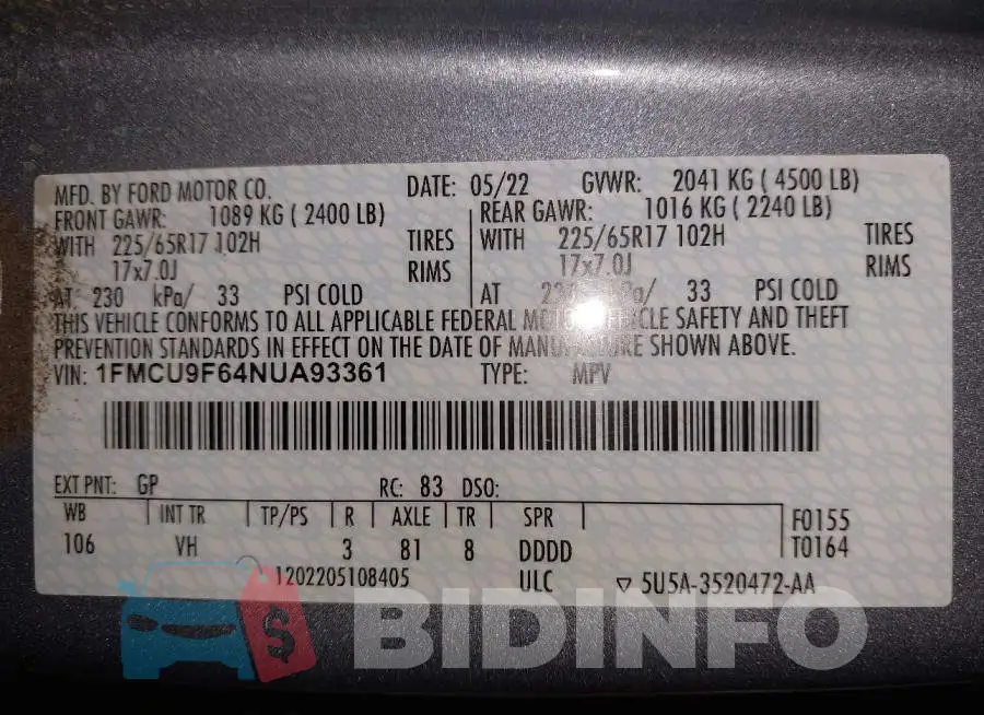 1FMCU9F64NUA93361 Photo# 9