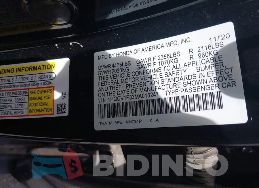 1HGCV1F33MA016247 Photo# 9