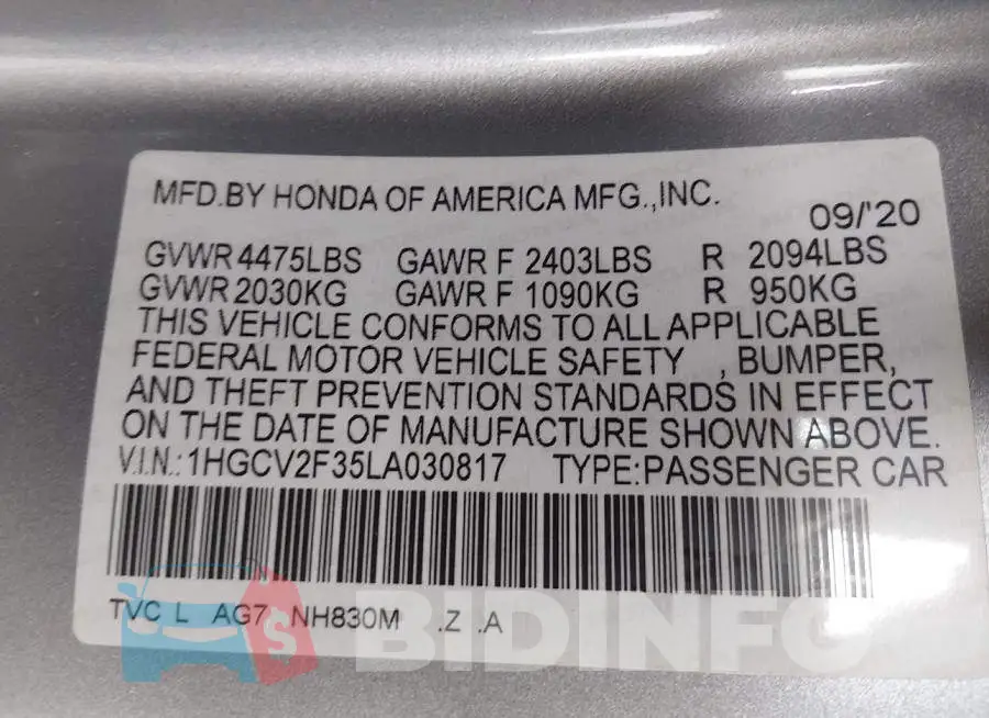 1HGCV2F35LA030817 Photo# 9