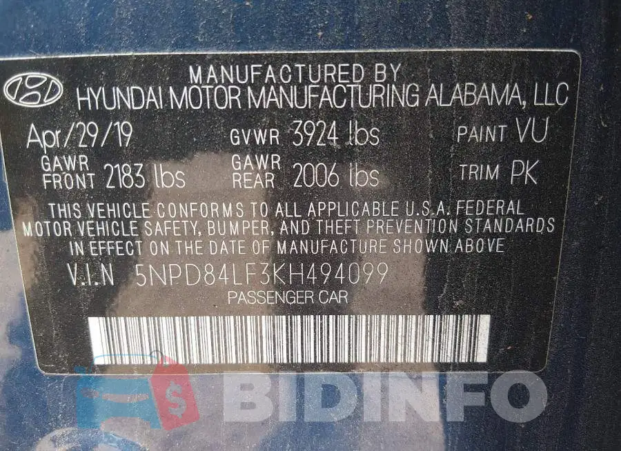 5NPD84LF3KH494099 Photo# 9