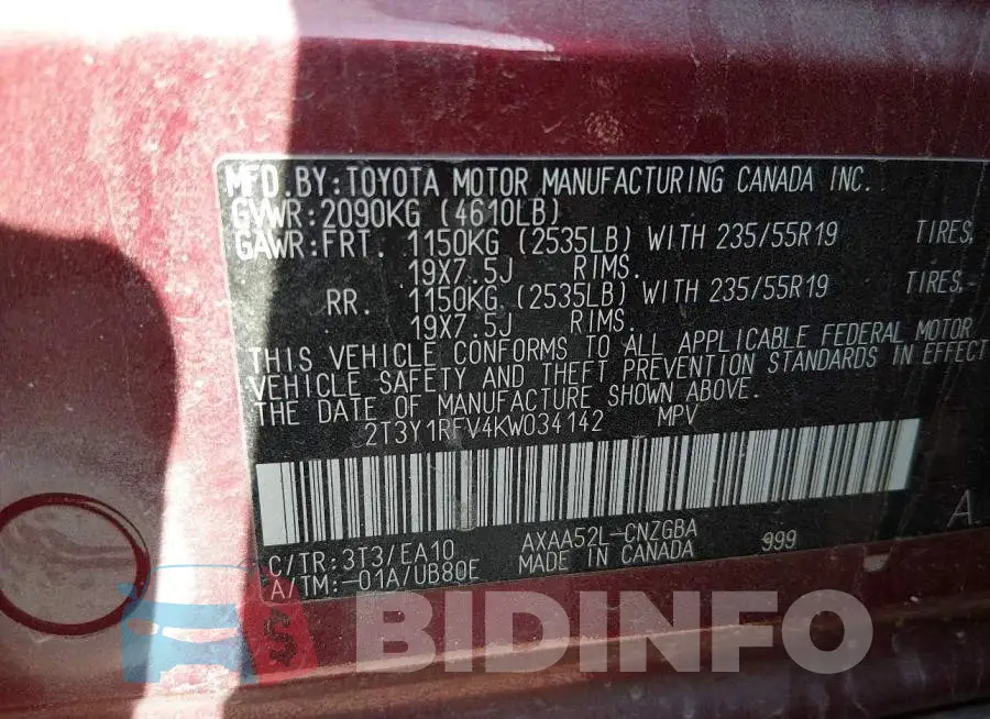 2T3Y1RFV4KW034142 Photo# 9