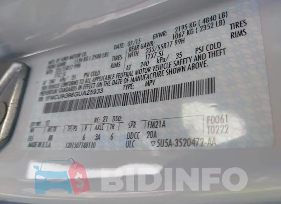 1FMCU9G98GUA25933 Photo# 9