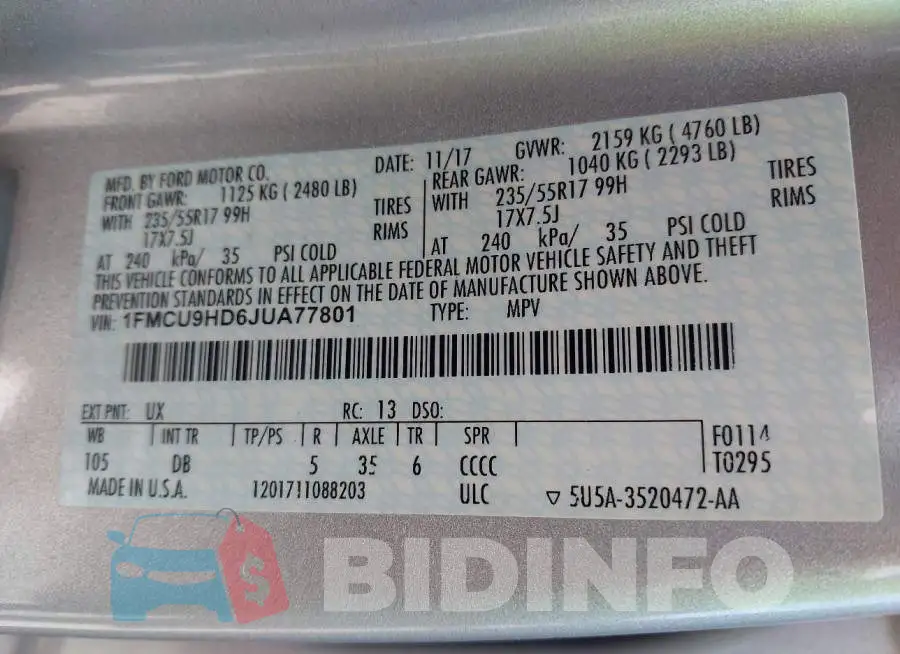 1FMCU9HD6JUA77801 Photo# 9