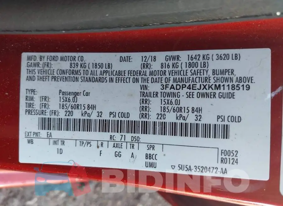 3FADP4EJXKM118519 Photo# 9