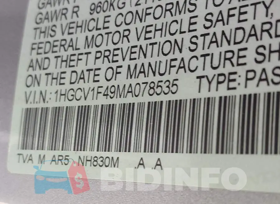 1HGCV1F49MA078535 Photo# 9