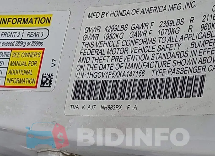 1HGCV1F5XKA147156 Photo# 9