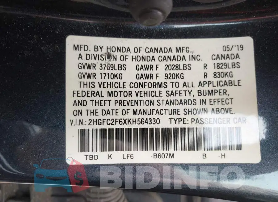 2HGFC2F6XKH564330 Photo# 9