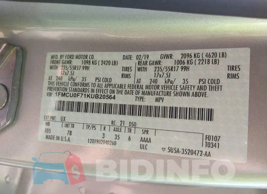1FMCU0F71KUB20564 Photo# 9