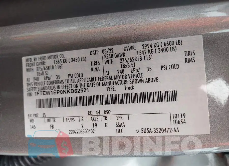 1FTEW1EP0NKD62521 Photo# 9