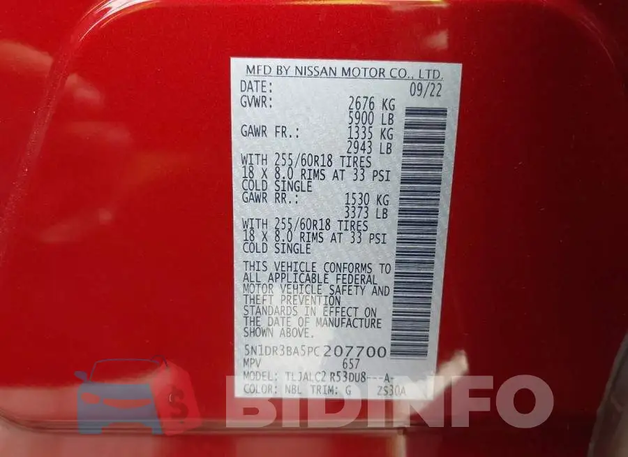 5N1DR3BA5PC207700 Photo# 9
