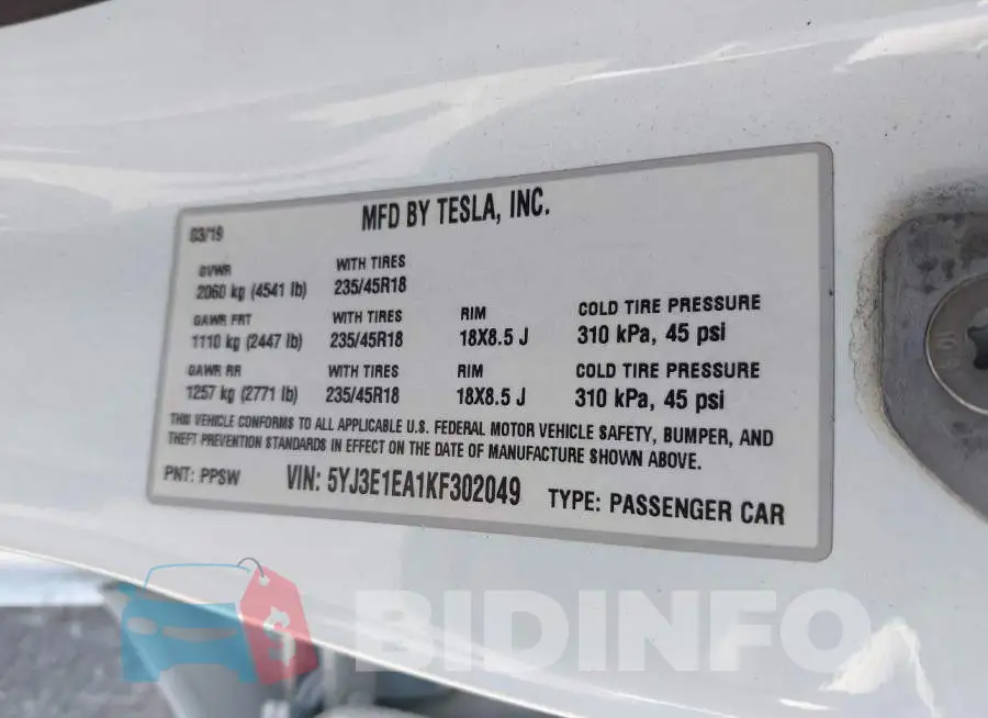 5YJ3E1EA1KF302049 Photo# 9