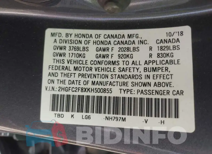 2HGFC2F8XKH500855 Photo# 9