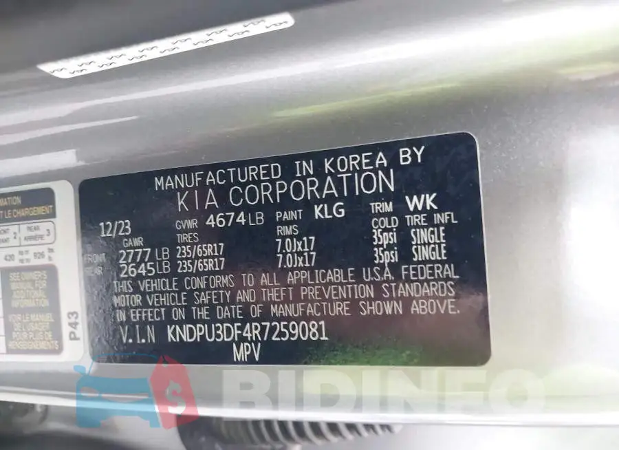 KNDPU3DF4R7259081 Photo# 9