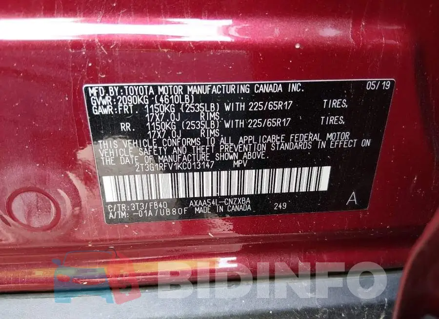 2T3G1RFV1KC013147 Photo# 9