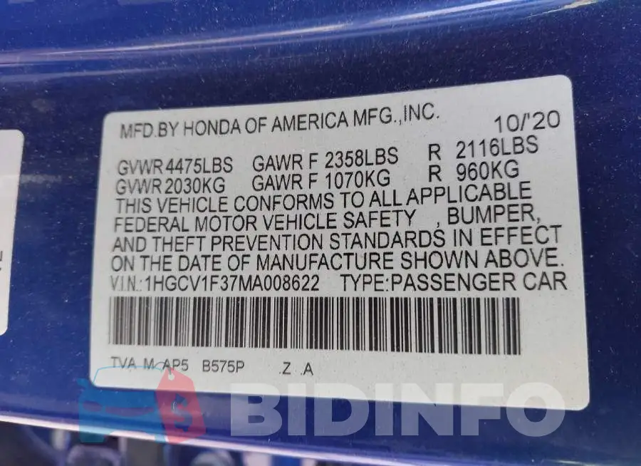 1HGCV1F37MA008622 Photo# 9