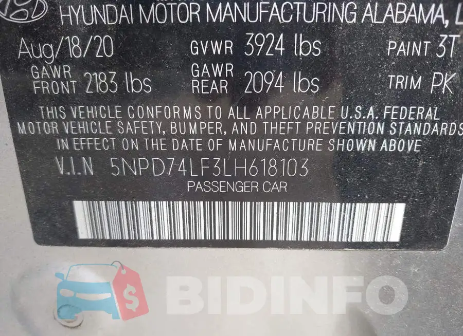 5NPD74LF3LH618103 Photo# 9