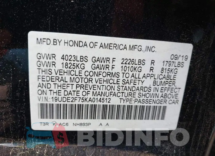19UDE2F75KA014512 Photo# 9