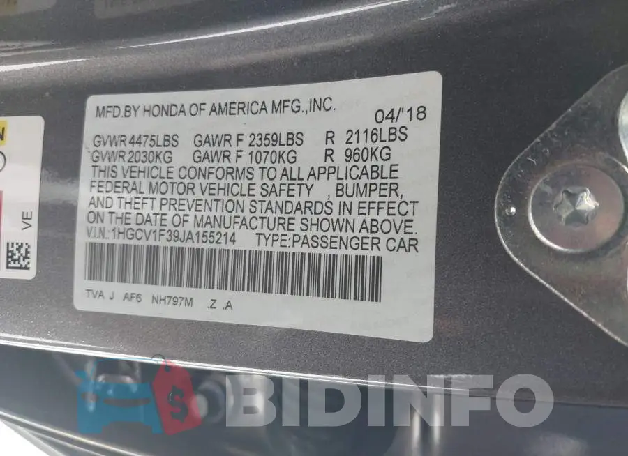 1HGCV1F39JA155214 Photo# 9