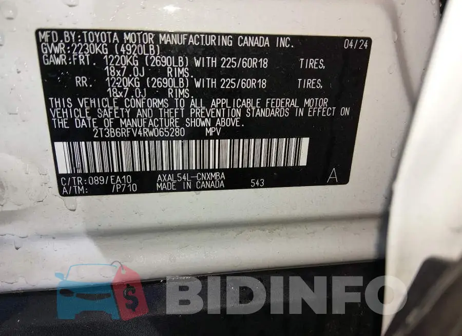 2T3B6RFV4RW065280 Photo# 9